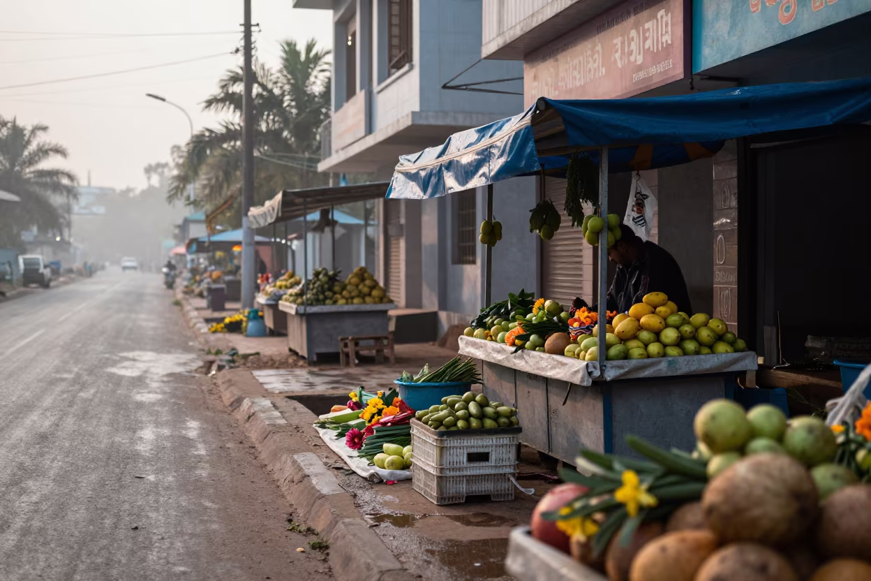 Dawn Flower Market Erode Surreal Corridor in at a roadside fruit stand in Erode