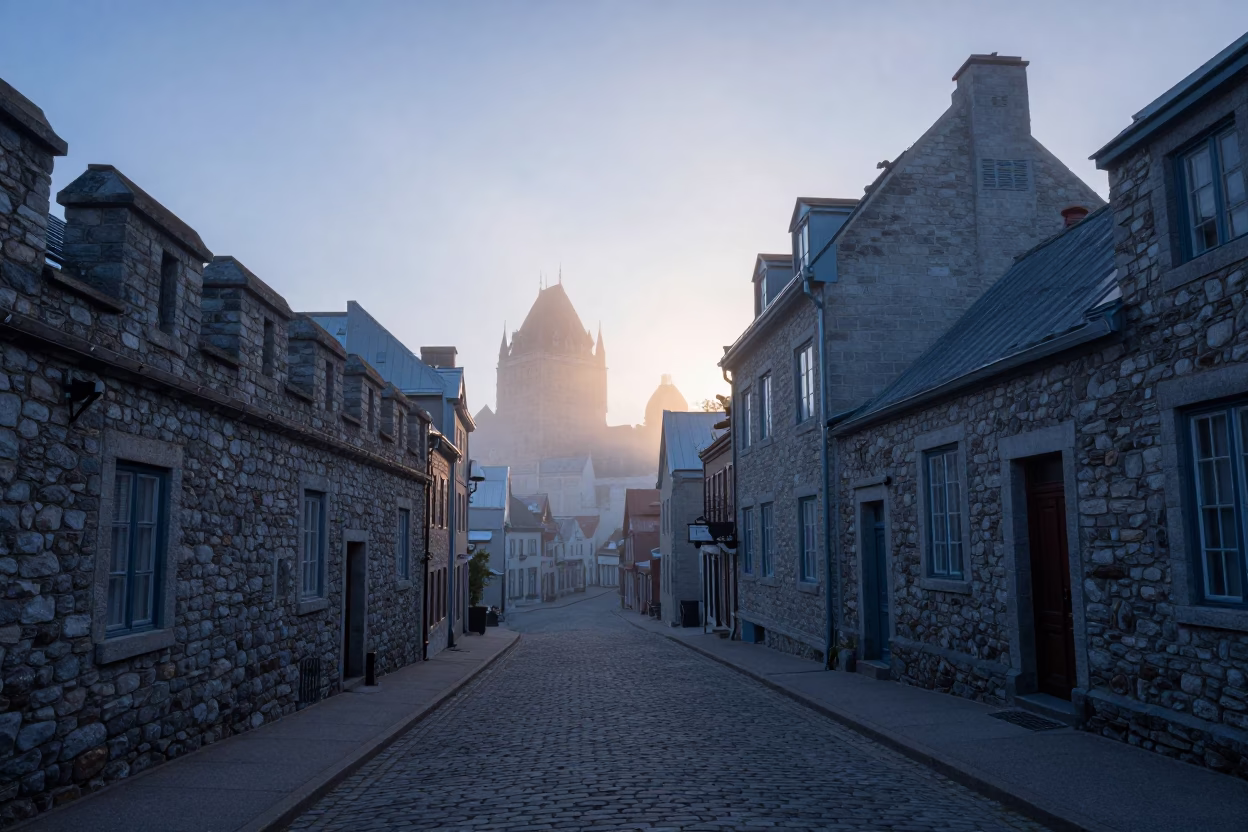 Dawn Fog and Observatory Silhouette in Historic Quebec City Canada in in Quebec City, Quebec, Canada