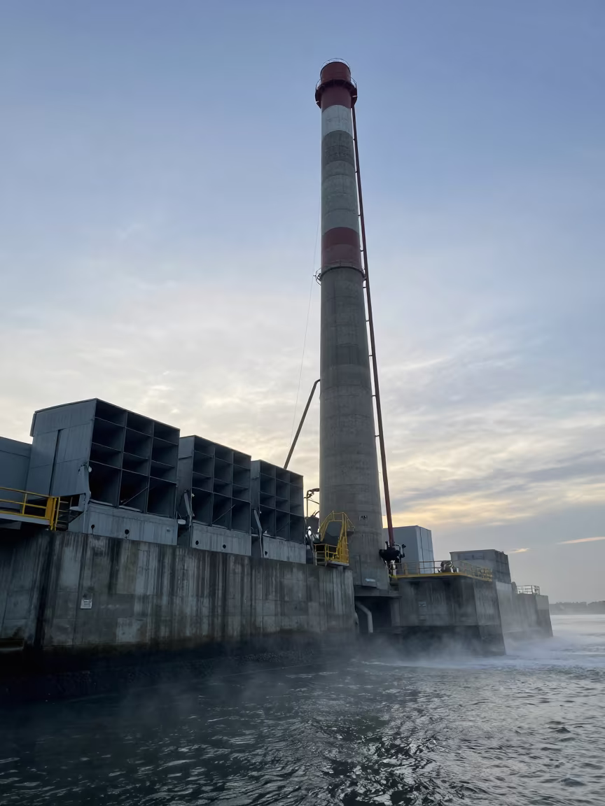 Dawn Fog Over Borneo Pumping Station Chimney in beside a storm surge barrier in Borneo