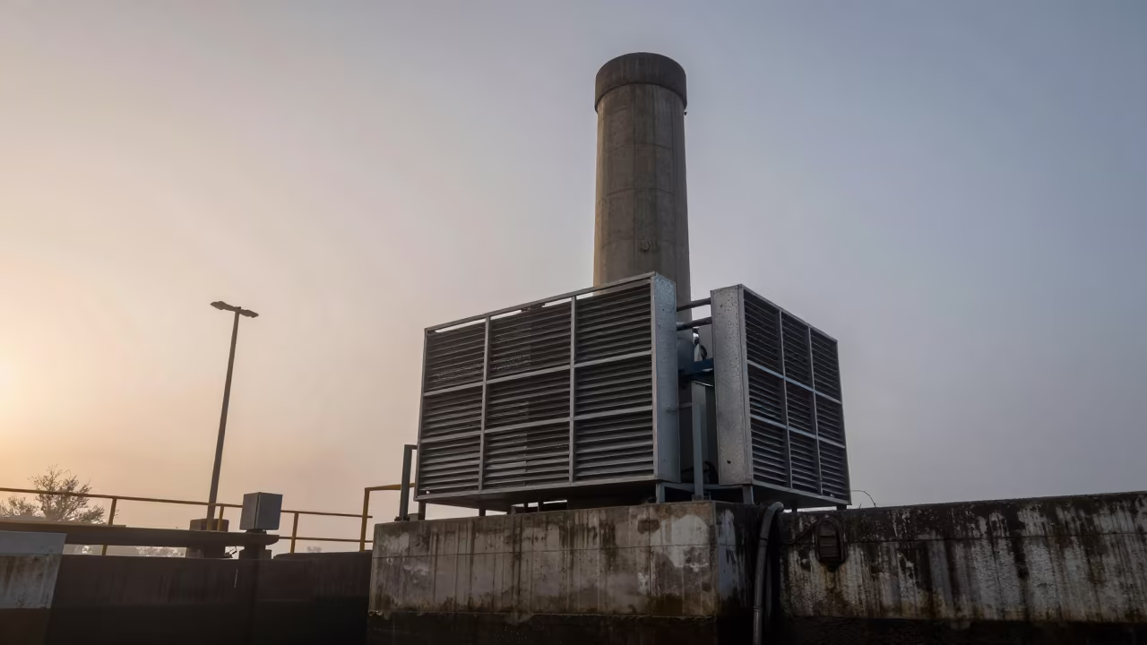 Dawn Fog Over Canal Lock Pumping Station Chimney in at a canal lock chamber near Machiques