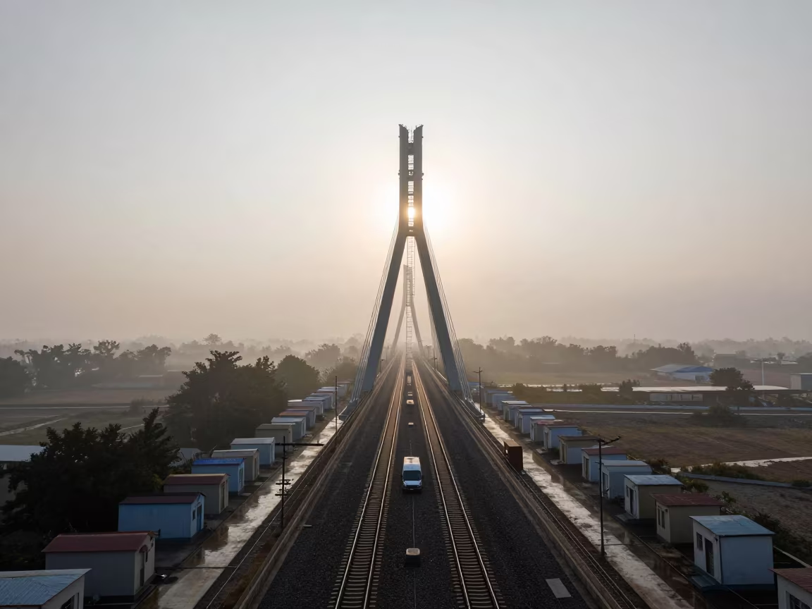 Dawn Fog Ladder Gantry Bridge Chad in under a cable-stayed bridge span in Chad