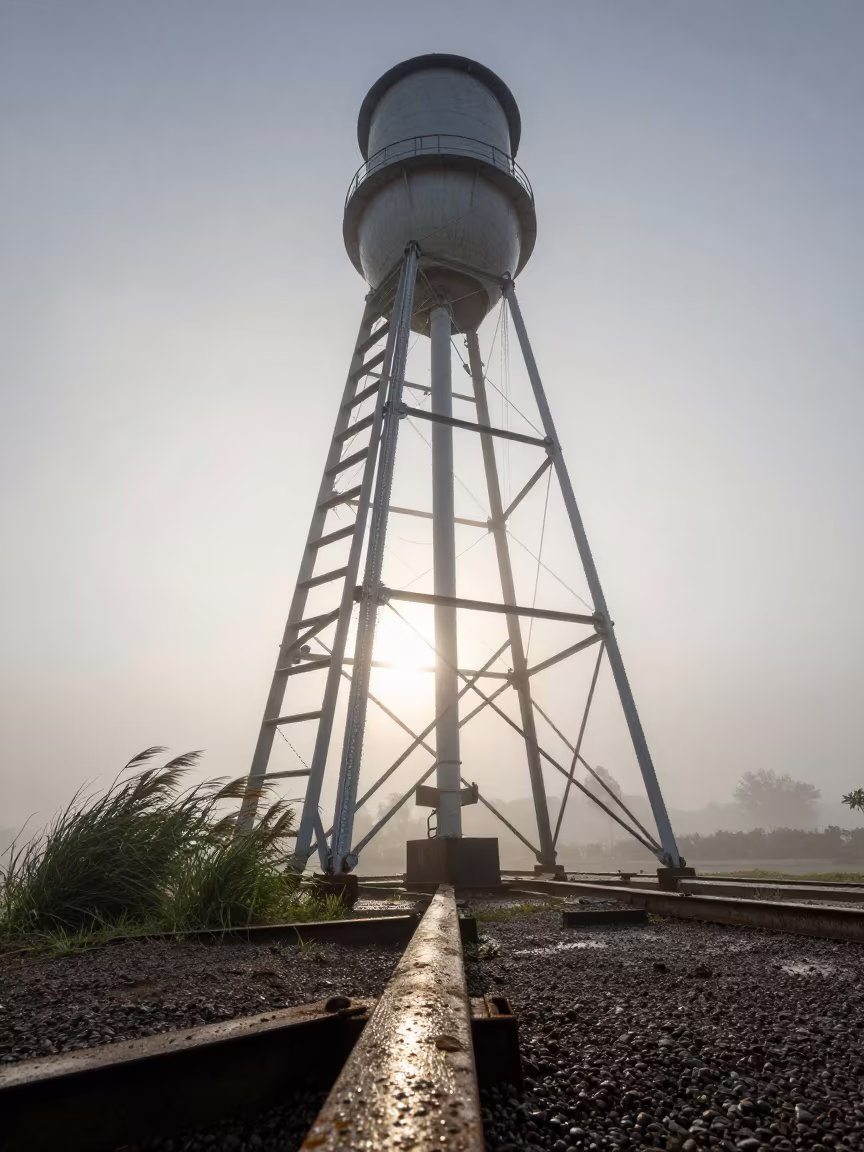 Dawn Fog Ladder Signal Gantry Low Angle Kigali in beside a water tower ladder near Kigali