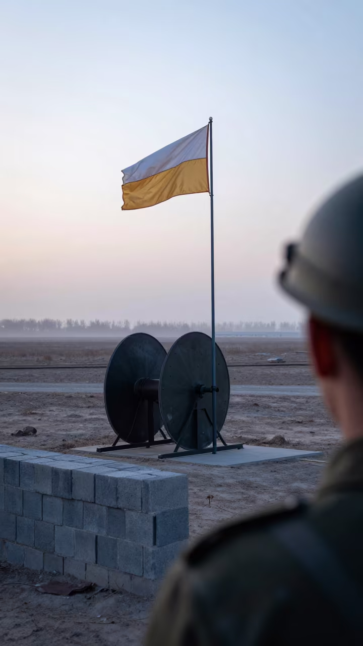 Dawn Fog Over Military Flag Spool in beside a convoy halt on open ground near Hohhot