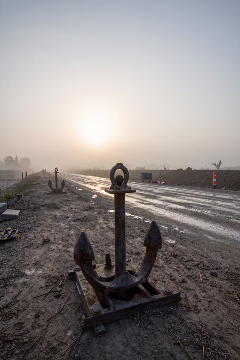 Dawn Fog Over Muddy Construction Site Anchor Bolt Template in at a muddy site access road near Ankara