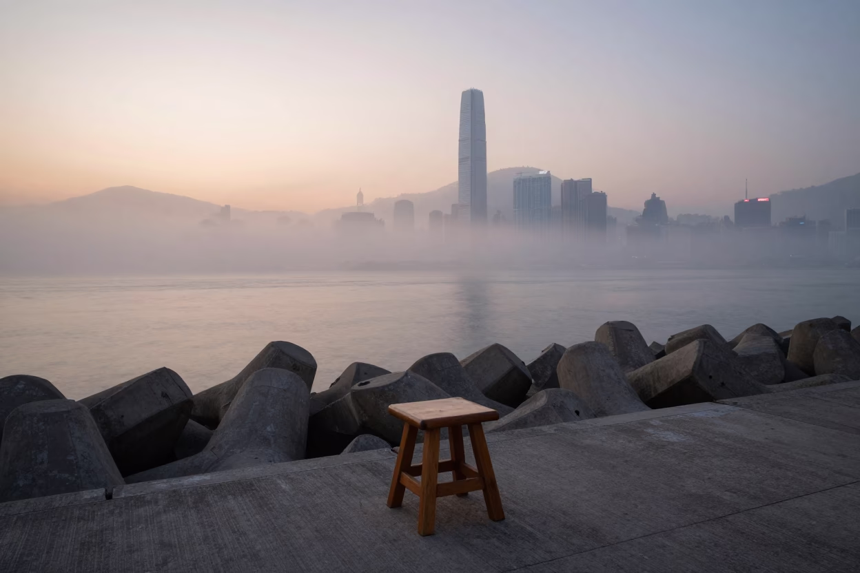 Dawn Fog on Hong Kong Breakwater with Wooden Stool and Hanging Air Plant in in Hong Kong, Hong Kong