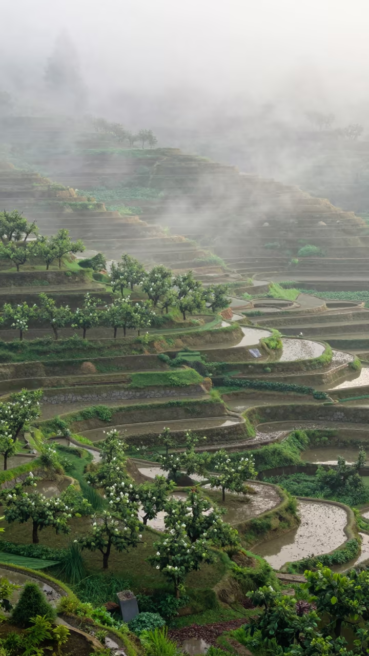 Dawn Fog Over Pear Orchard and Rice Terraces in among terraced rice paddies near Chengdu