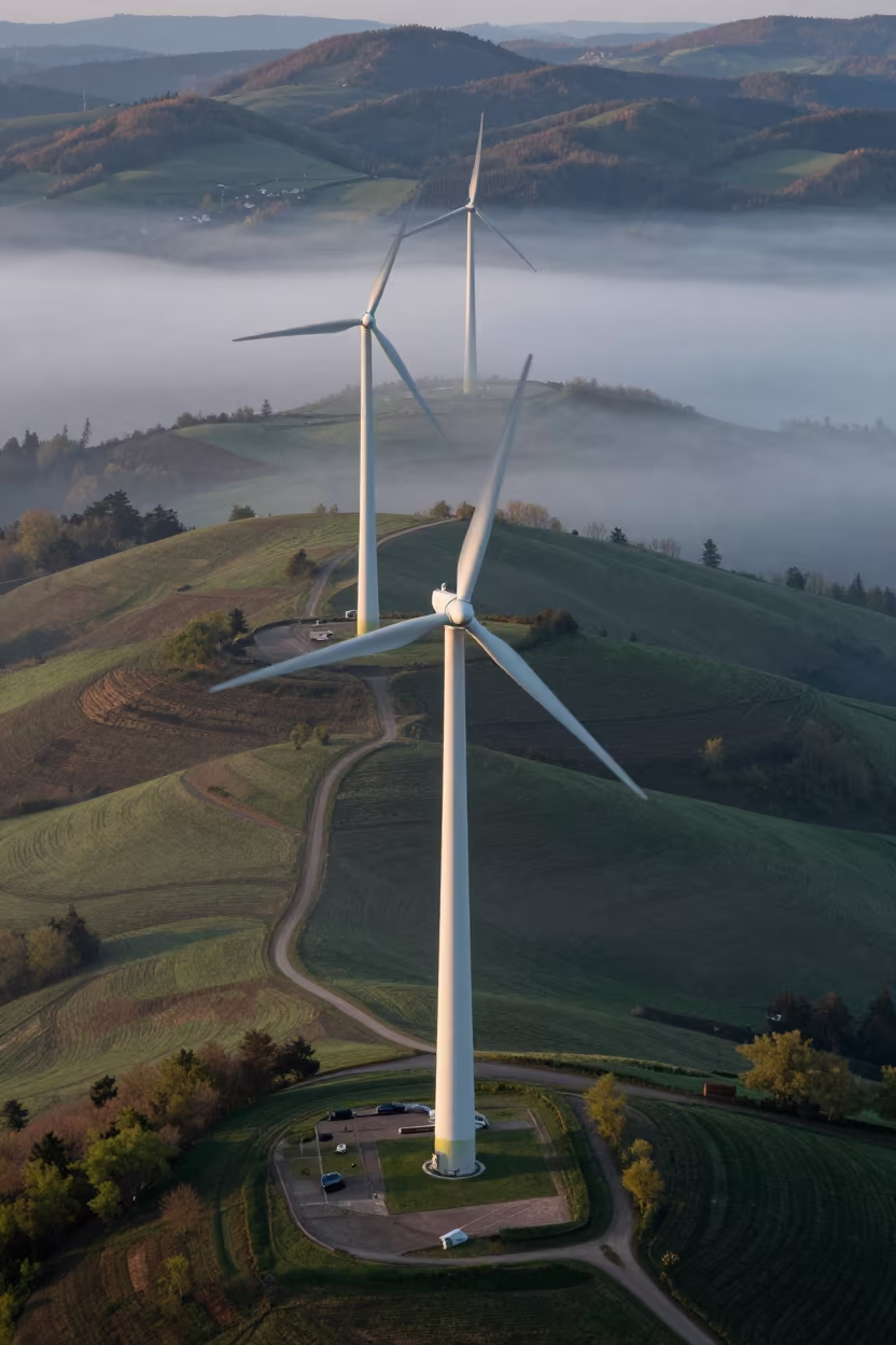 Dawn Fog Over Pittsburgh Wind Turbine Hills in far above terraced hillsides near Pittsburgh