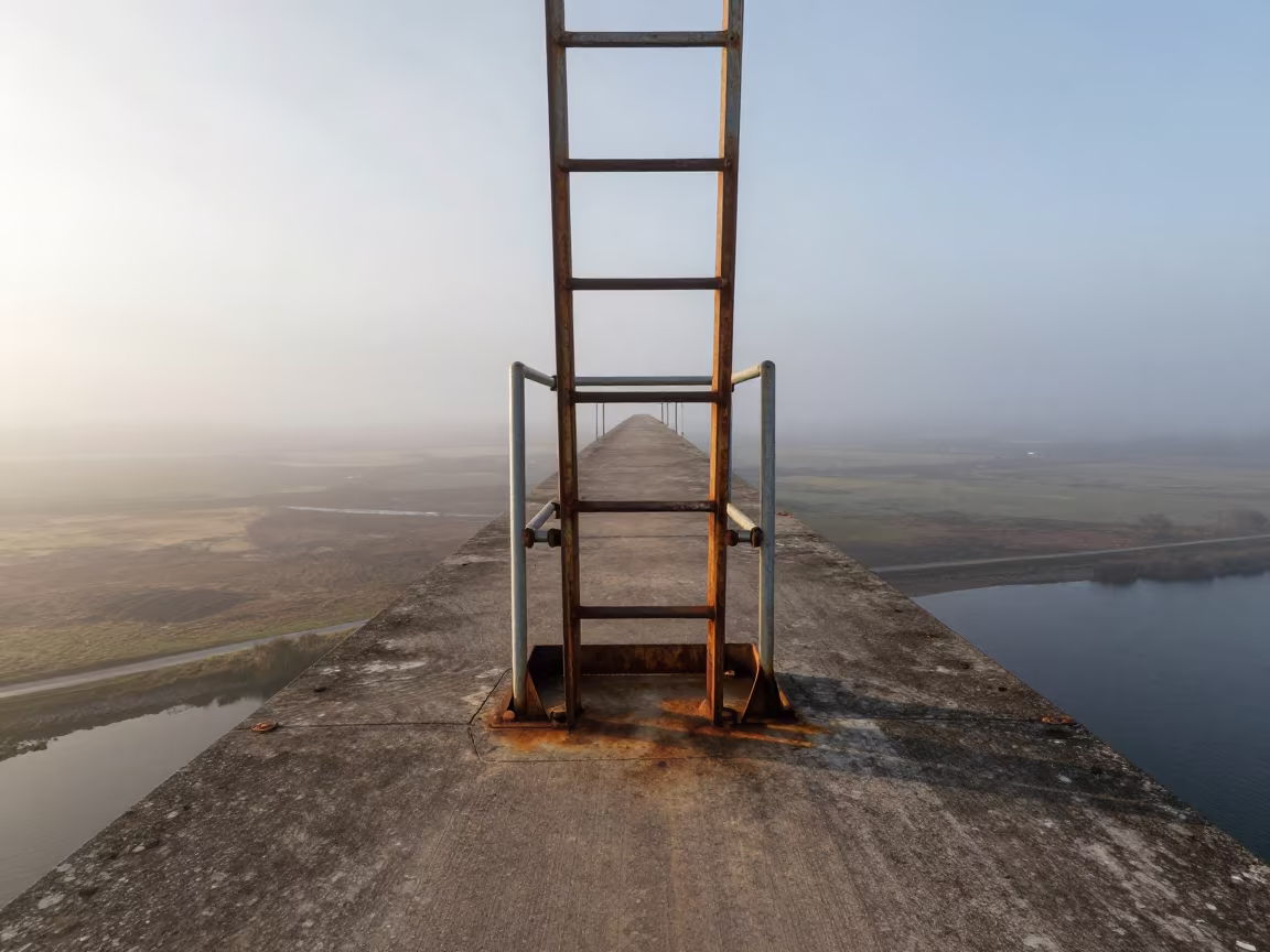 Dawn Fog Over Scottish Bridge Pier Ladder in along a bridge maintenance walkway in Scotland