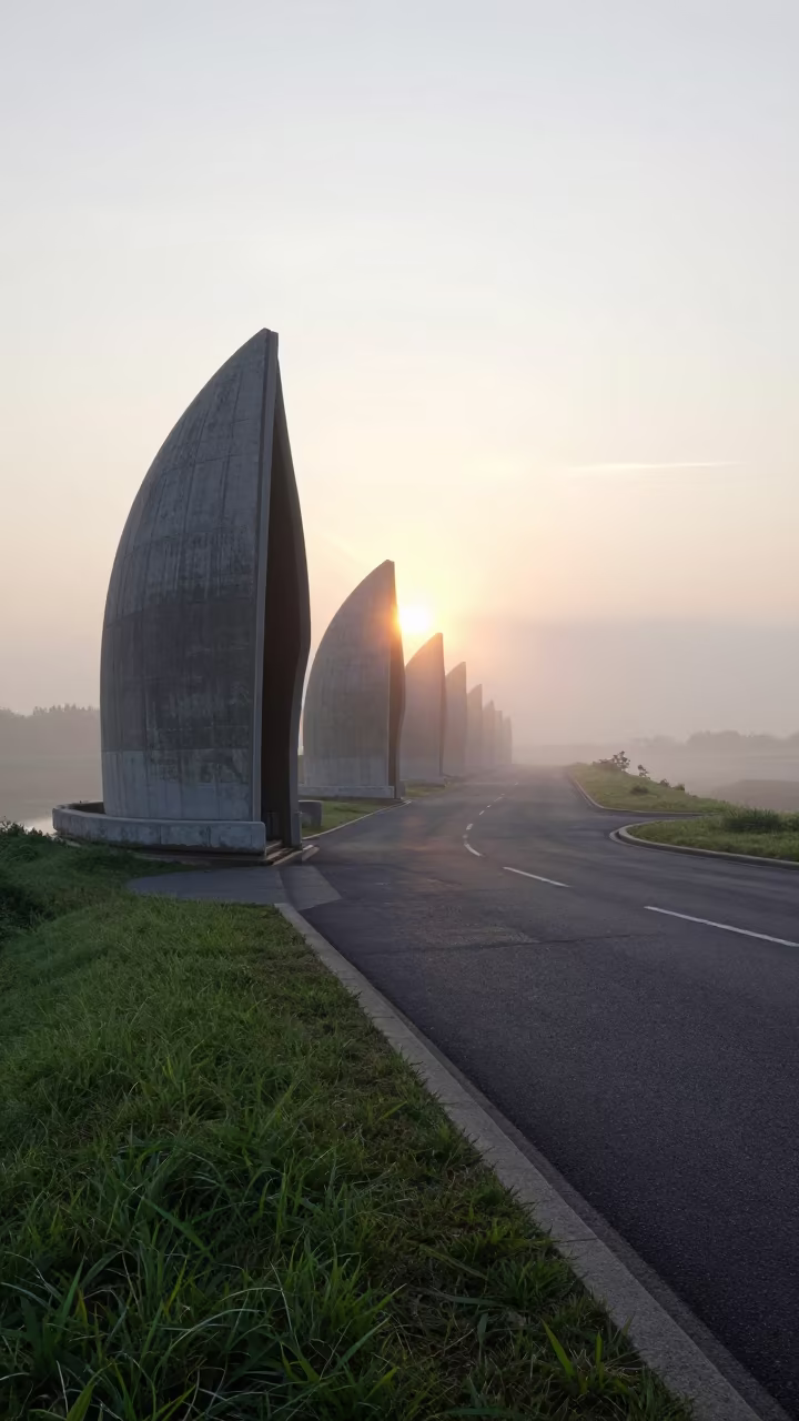 Dawn Fog Over Storm Surge Barrier Levee Road in beside a storm surge barrier near Paris