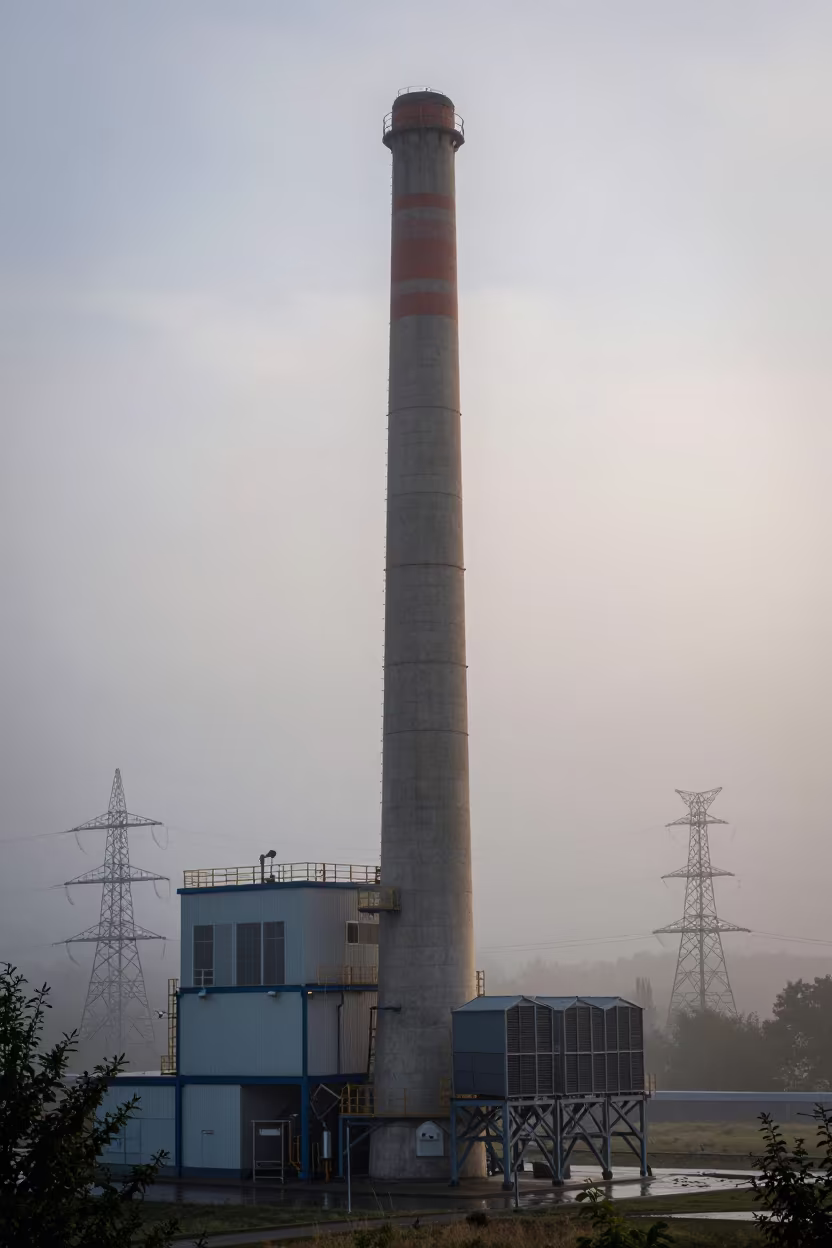 Dawn Fog at Tychy Pumping Station Chimney in beneath transmission towers near Tychy