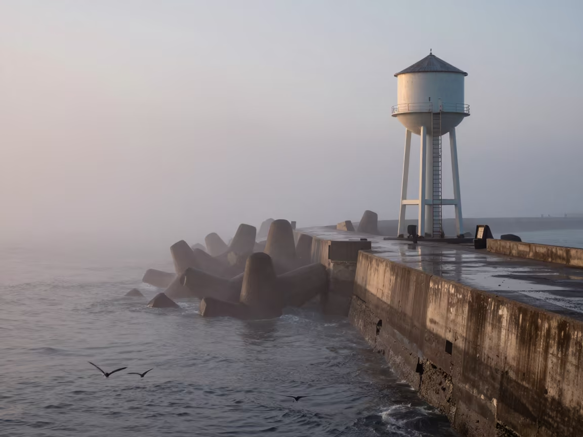 Dawn Fog Crawling Over Zanzibar Breakwater Ladder in beside a water tower ladder near Zanzibar City