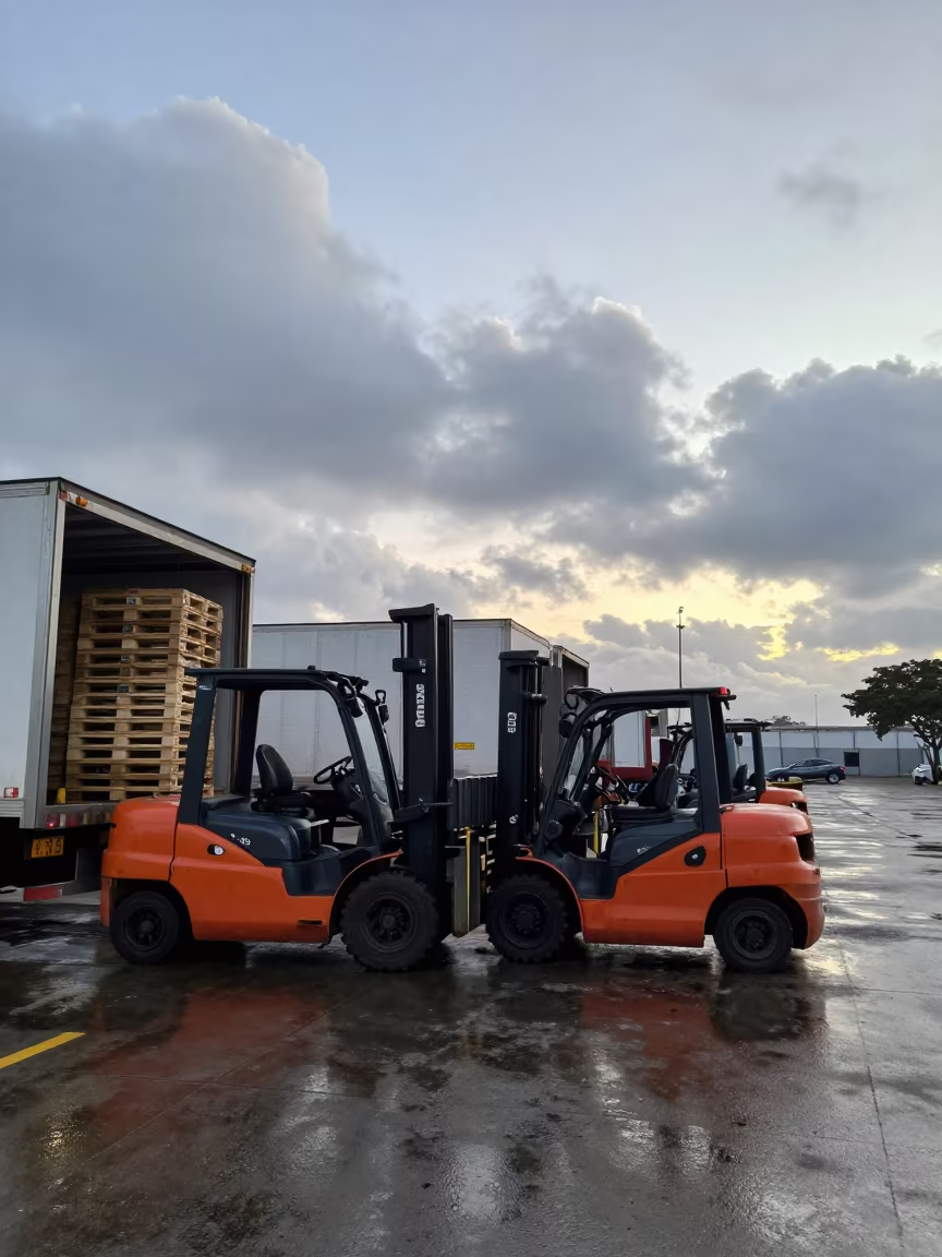 Dawn Forklifts Move Pallets Salvador Dock in in a trailer yard outside the warehouse in Salvador