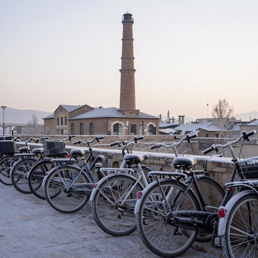 Dawn Frost Over Bicycles and Factory Tower in in Şanlıurfa