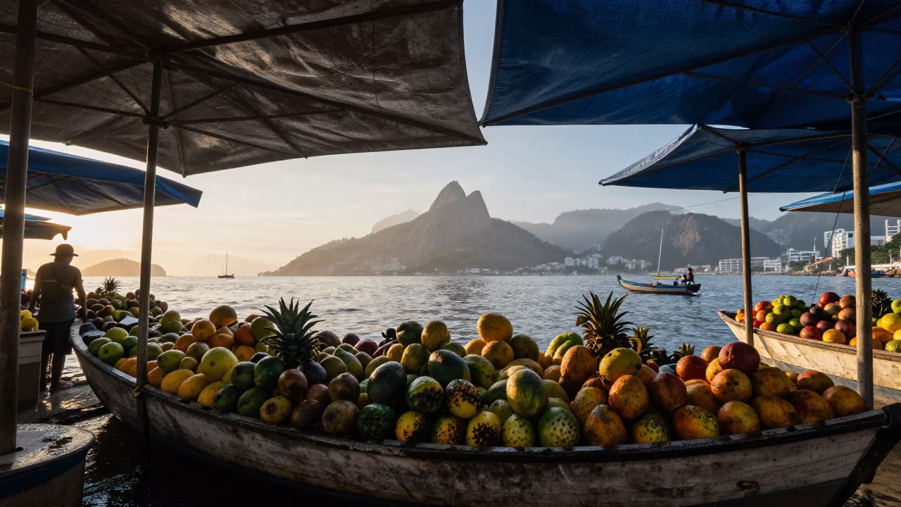 Dawn Fruit Boat Under Rio Market Canopy in under a market canopy in Centro, Rio de Janeiro