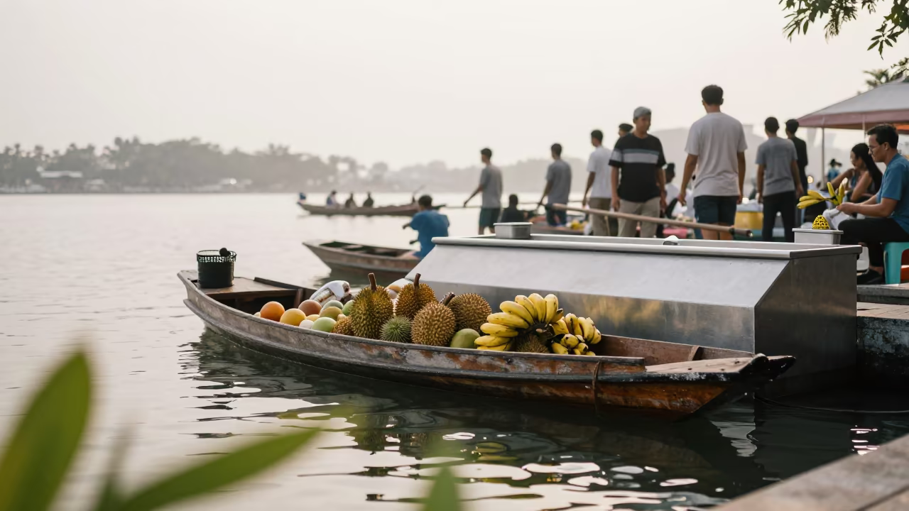 Dawn Fruit Boat at Singapore Fish Market in beside a fish counter in Singapore