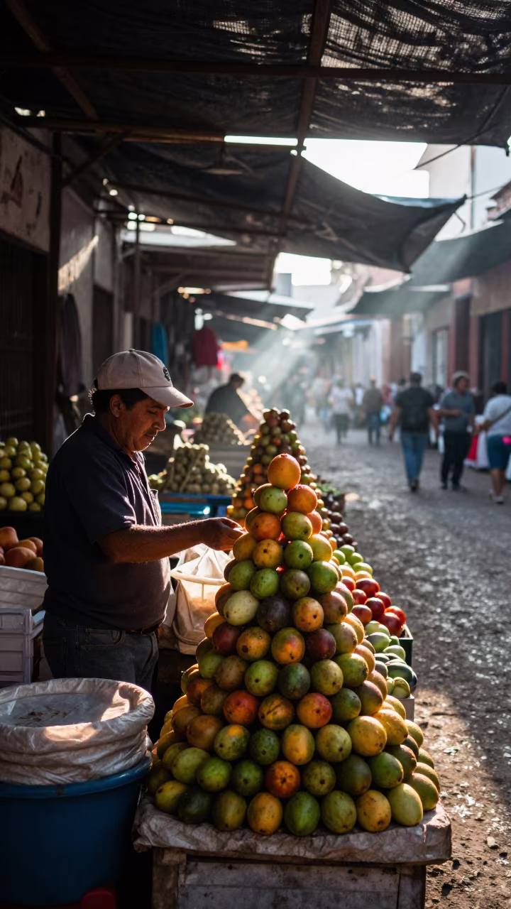 Dawn Fruit Stacks in Asuncion Bazaar in in a covered bazaar aisle in Asuncion
