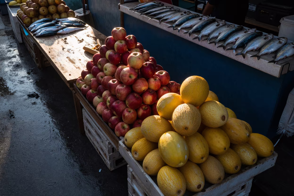 Dawn Fruit Stacks Erzurum Market in beside a fish counter in Erzurum