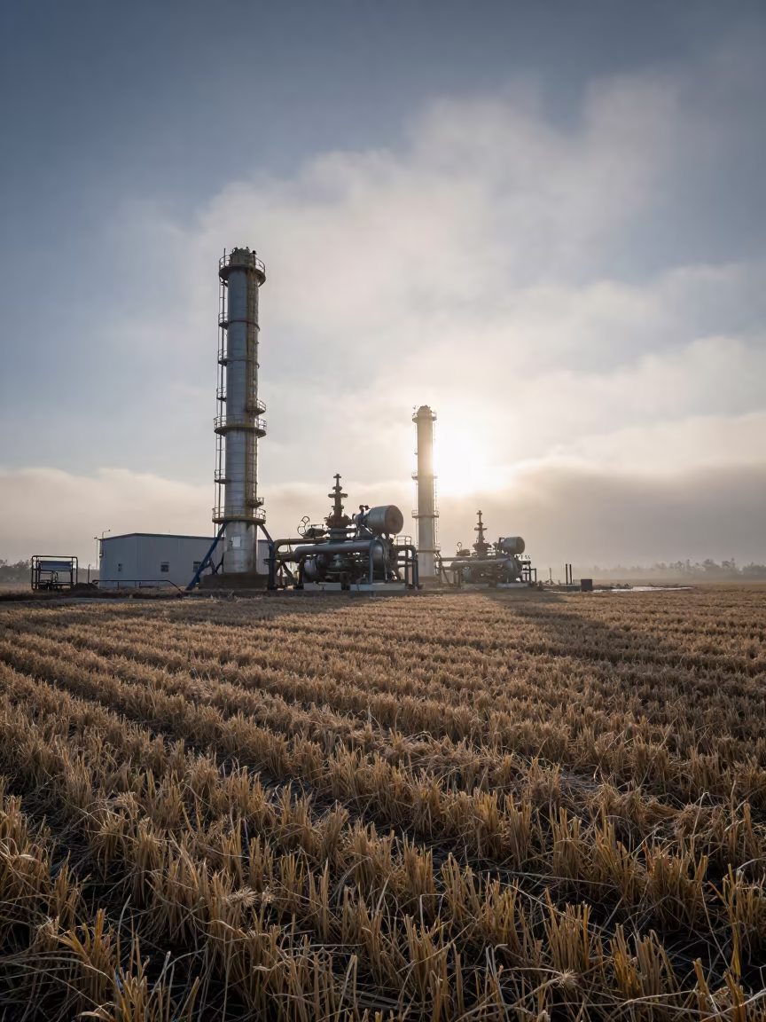 Dawn Gas Compressor in Guangzhou Wheat Field in across a harvested grain field in Guangzhou