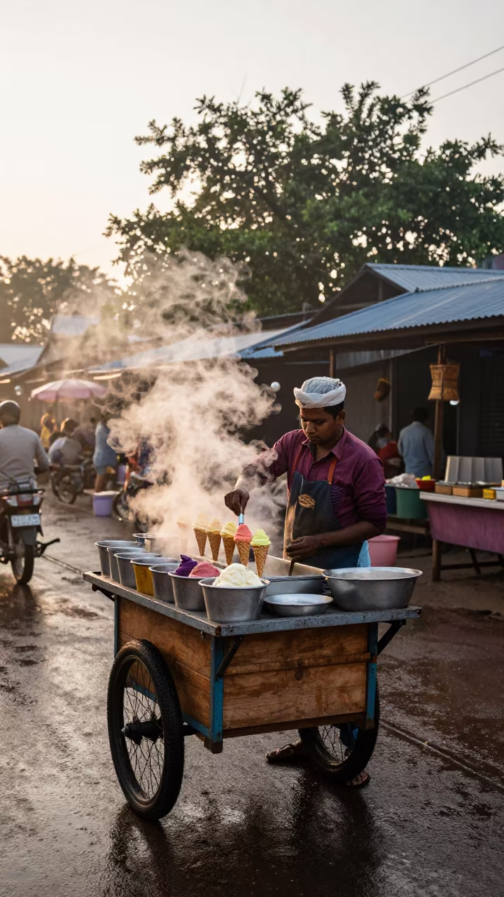 Dawn Gelato Vendor at Solapur Market Cart in at a market stall in Solapur
