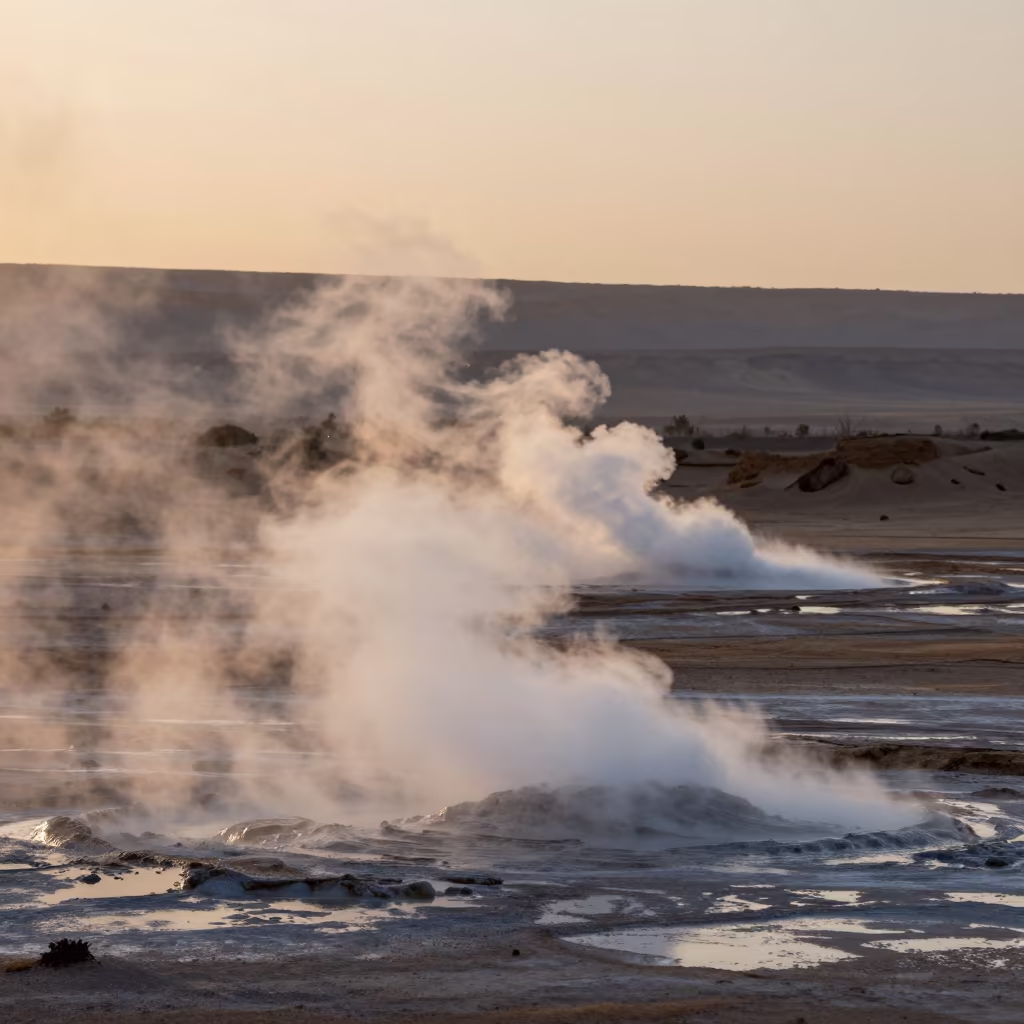 Dawn Geysers Erupting Near Mit Ghamr with Fog in near Mit Ghamr