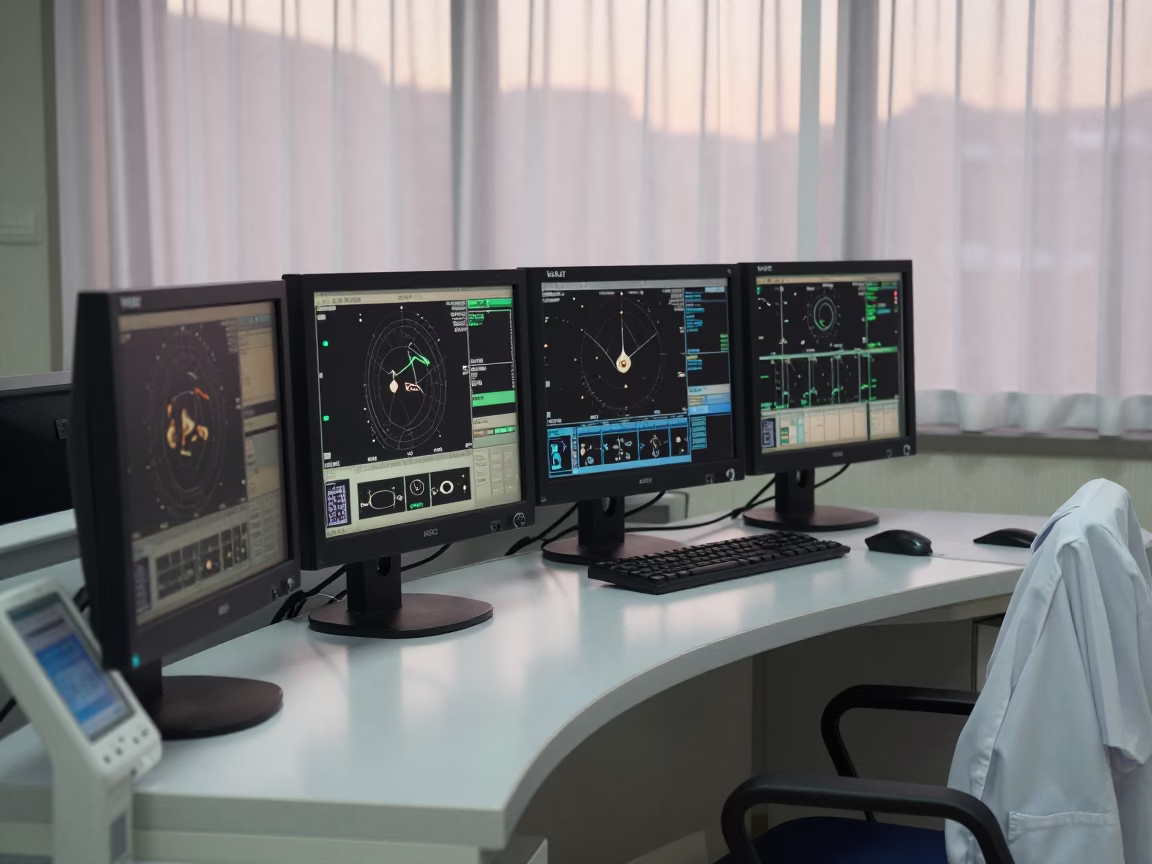 Dawn Glow on Nurse Station Monitors Kagoshima in inside an imaging suite in Kagoshima