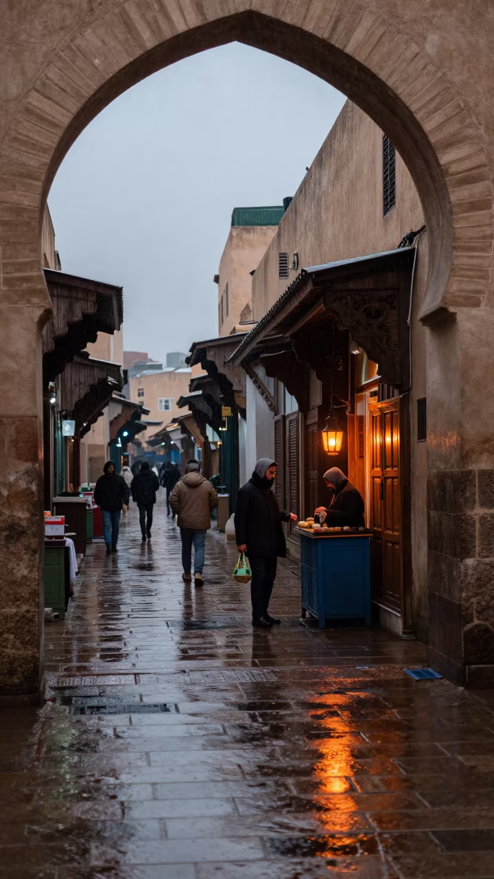 Dawn Glow on Wet Fez Street Vendor Pavement in along a market-lined side street in Mellah, Fez