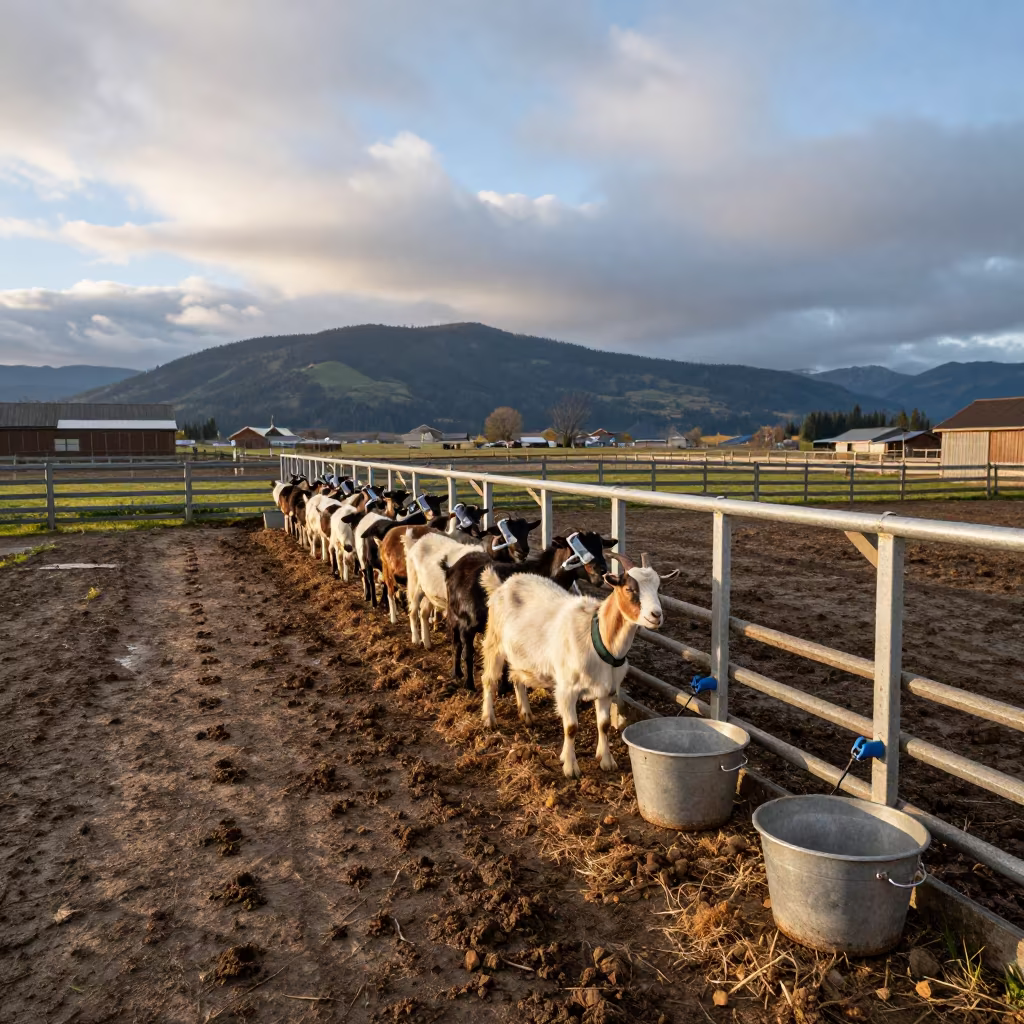 Dawn Goat Milking Line with Stanchions in along a muddy paddock fence in British Columbia