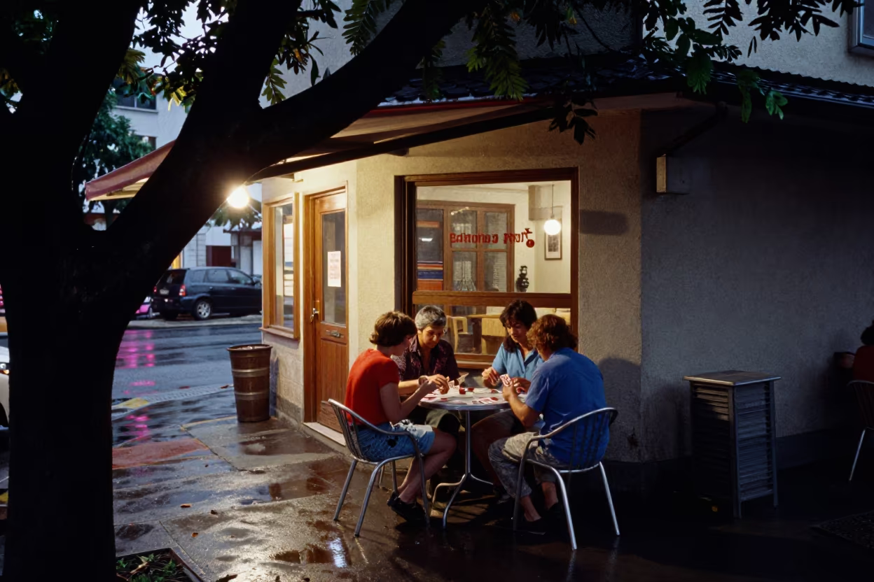 Dawn Gray Card Game Tiflet Night Drizzle in outside a corner cafe in Tiflet