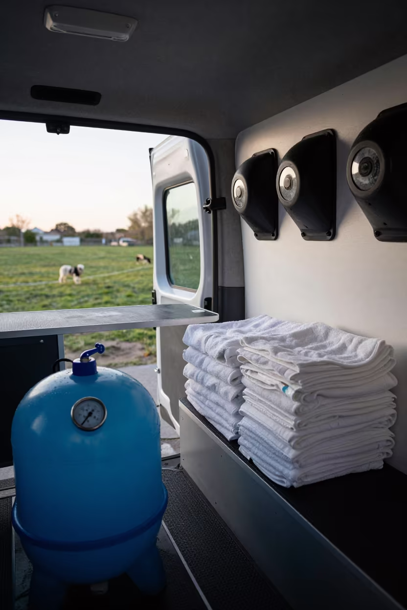 Dawn Grooming Van Interior Setup at Puppy Field in at a puppy training field check-in in Castellón de la Plana