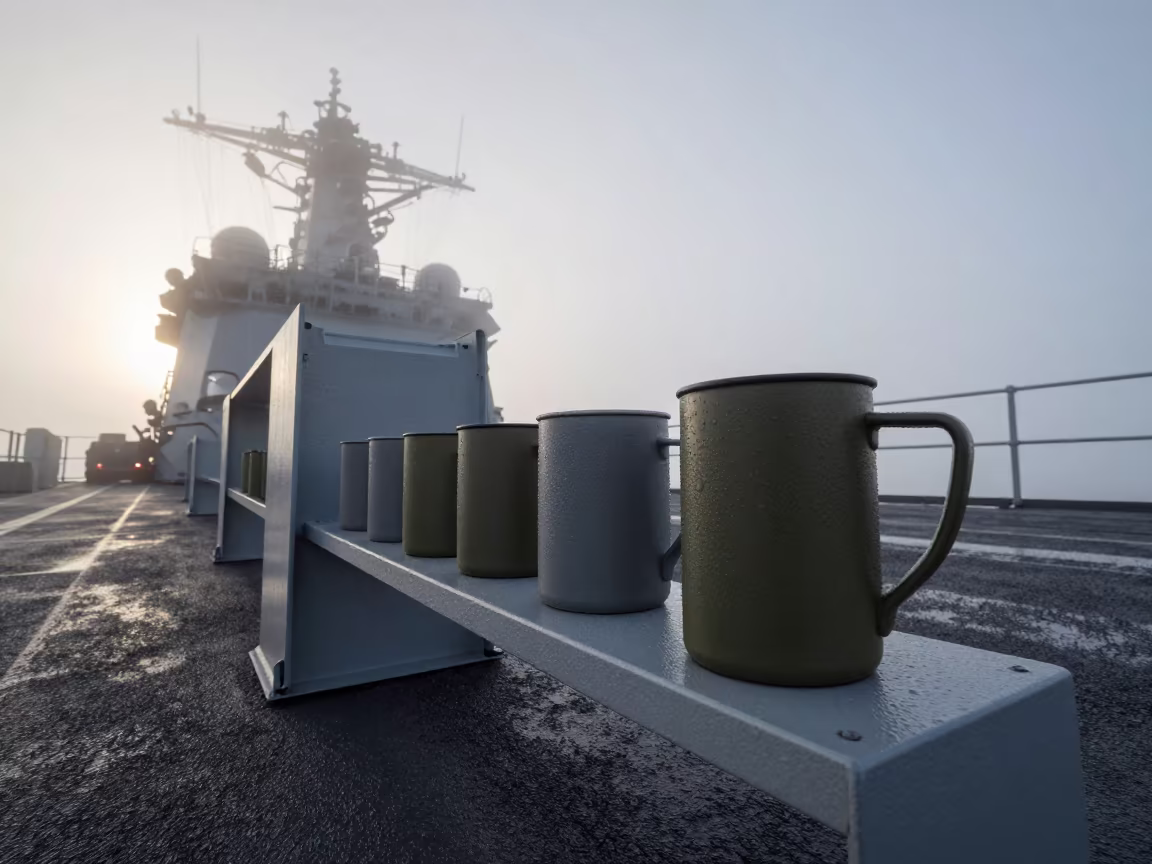 Dawn Guard Post Thermal Mug Shelf on Naval Deck in on a naval deck in rough wind near Vienna