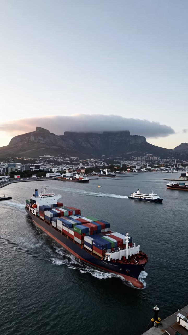 Dawn Harbor Drone View Cape Town Container Ships in across a remote ferry crossing near Cape Town