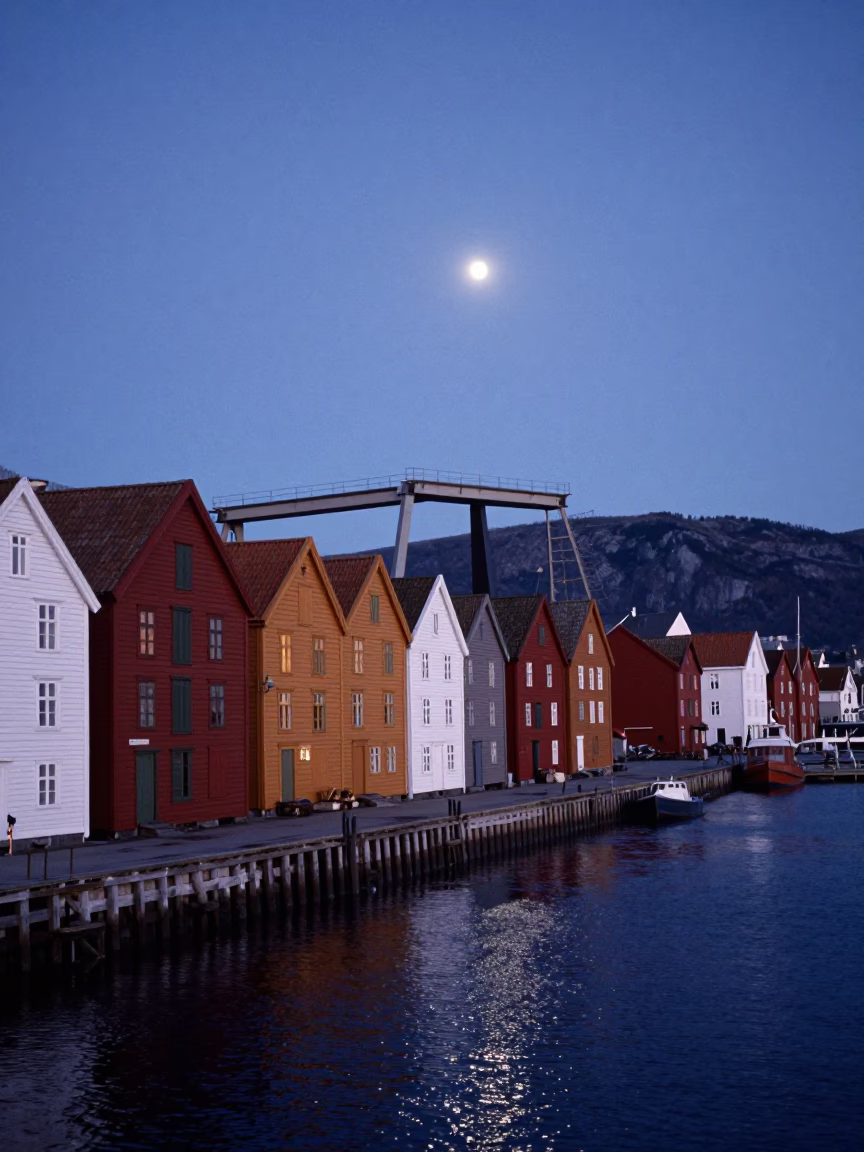 Dawn Harbor in Bergen at The Still Hours Before Dawn Light in in Bergen, Norway