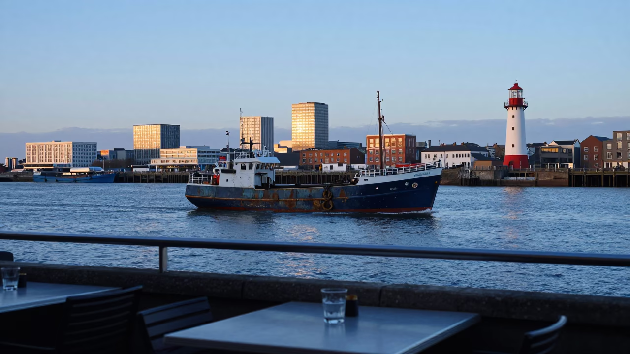 Dawn Harbor in Dublin at Nautical Dawn Light in in Dublin, Ireland