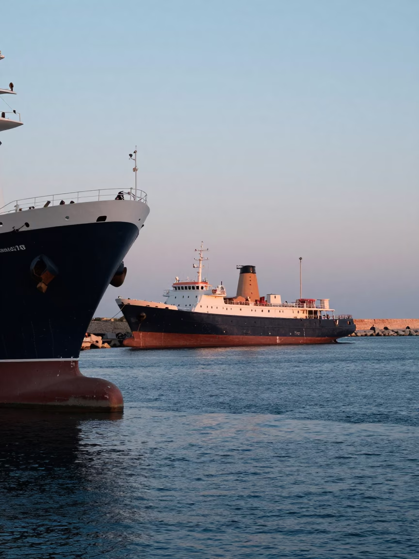 Dawn Harbor Scene in Alexandria Egypt with Ship Hull and Blue Hour Sky in in Alexandria, Egypt