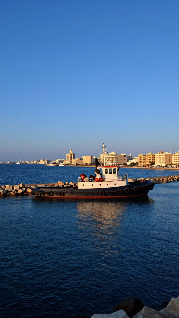Dawn Harbor Scene in Alexandria Egypt with Tugboat and Coastal Architecture in in Alexandria, Egypt