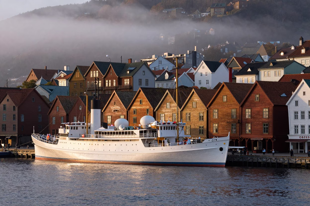 Dawn Harbor Scene in Bergen Norway with Steamship and Historic Bryggen Wharf in in Bergen, Norway
