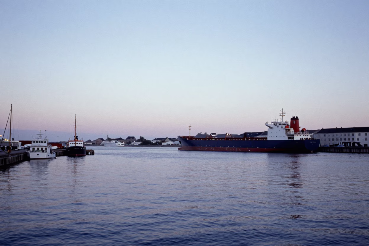 Dawn Harbor Scene in Copenhagen Denmark with Cargo Ship on Horizon and City Skyline in in Copenhagen, Denmark