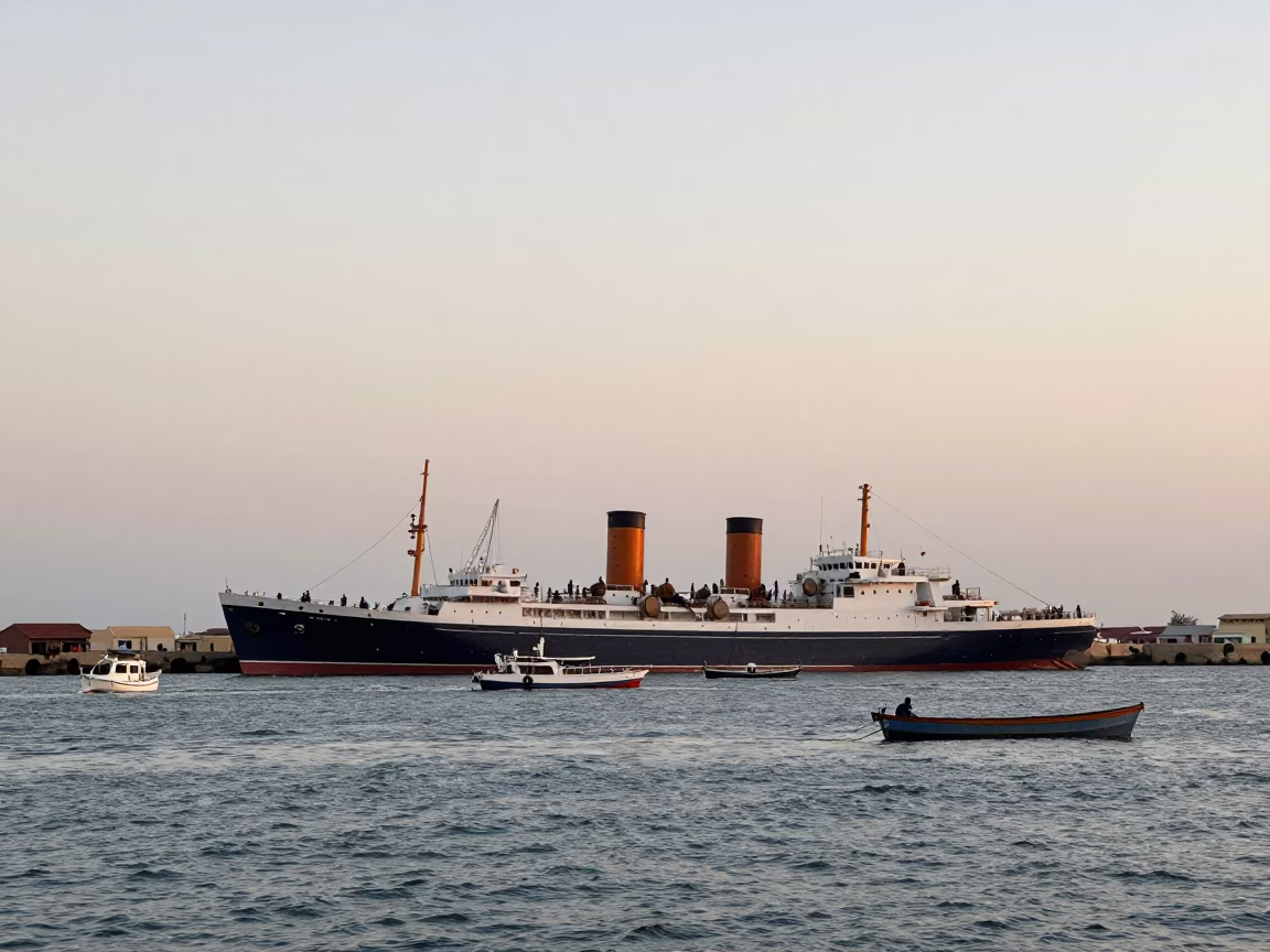 Dawn Harbor Scene in Dakar Senegal with Steamship Listing in Harbor Swell in in Dakar, Senegal