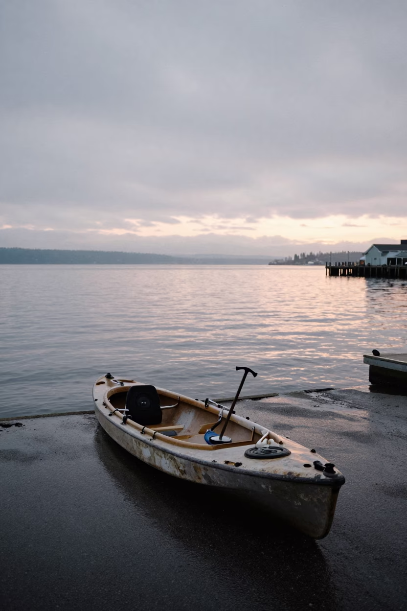 Dawn Harbor Scene with Fishing Kayak and Crowbar in Seattle Washington in in Seattle, Washington, United States