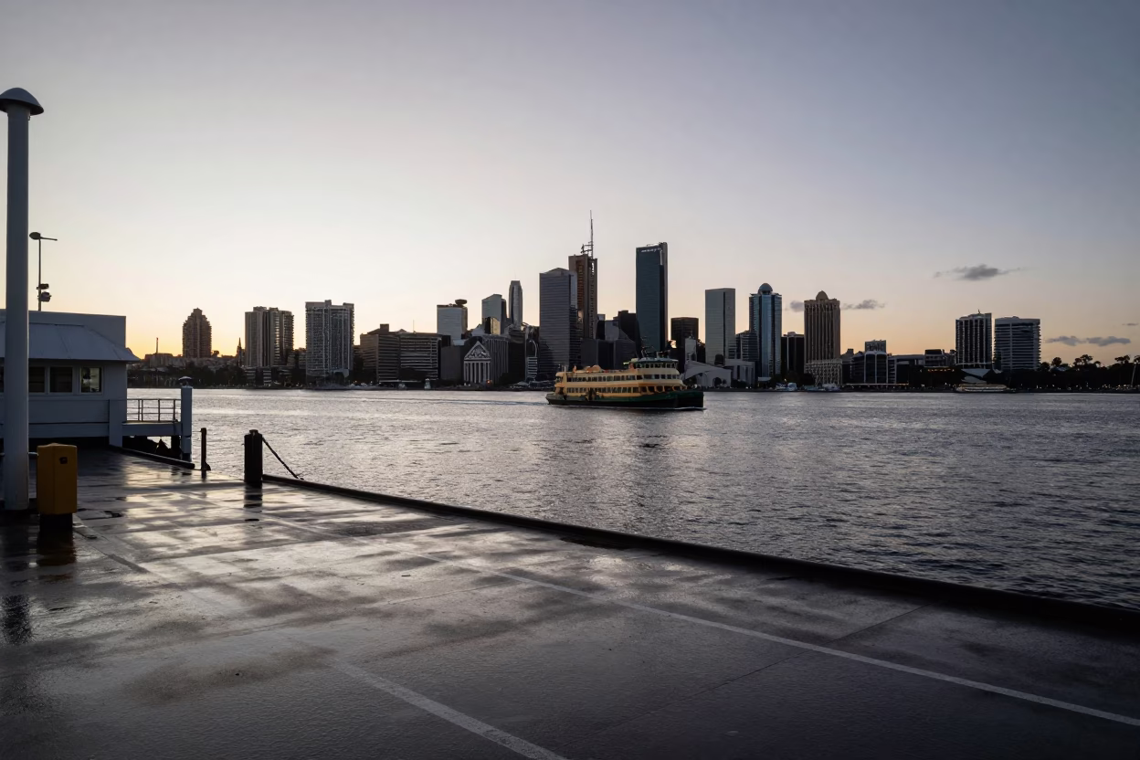 Dawn harbor scene with wet deck markings and misty Perth waterfront in in Perth, Western Australia, Australia