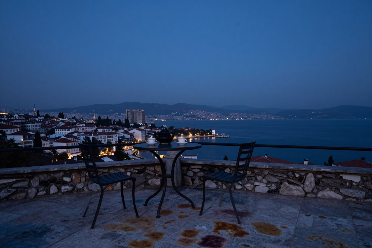 Dawn Harbor View from Izmir Terrace with Tea Stains and Local Morning Routine in in Izmir, Turkey