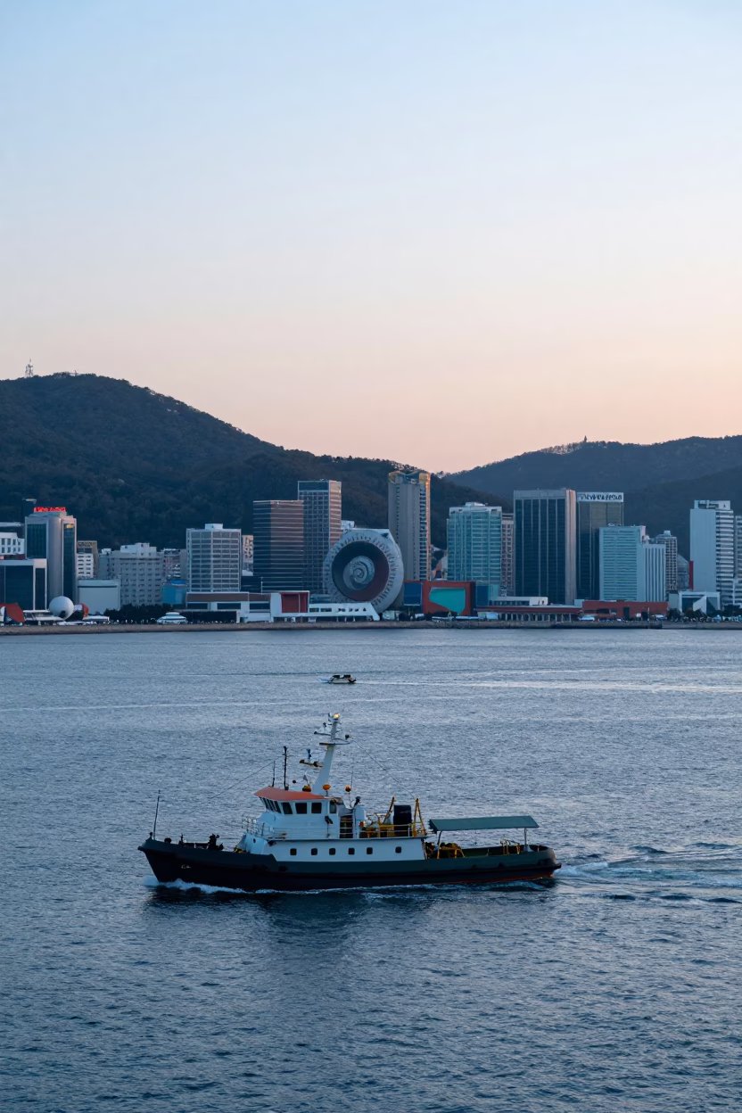 Dawn Harbor View in Busan South Korea with Pilot Boat and Spiral Breakwater in in Busan, South Korea