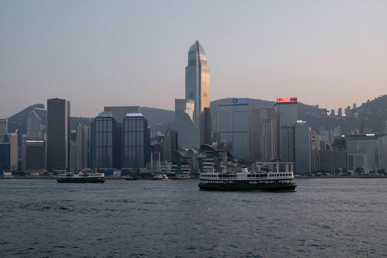 Dawn Harbor View of Hong Kong Skyscrapers and Ferry Boats Before Sunrise in in Hong Kong, Hong Kong
