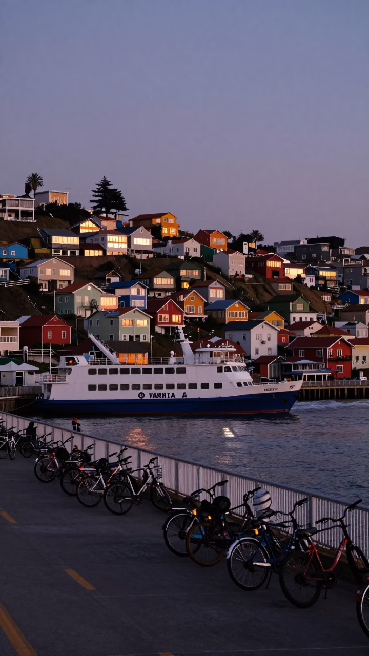 Dawn Harbor View Valparaiso Chile Ferry Docking with Bicycles and Coastal Mountains in in Valparaiso, Chile