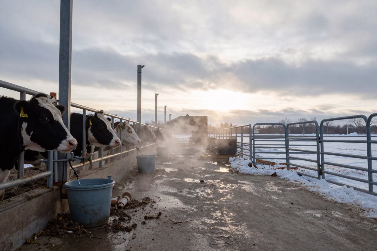 Dawn Haze Over Canadian Winter Dairy Pen in along a feedlot lane in Canada