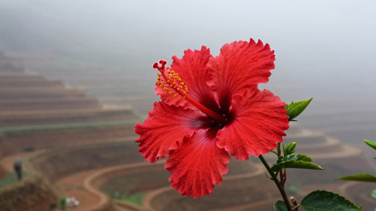 Dawn Hibiscus in Thai Terraced Garden Mist in among terraced garden plots in Thailand
