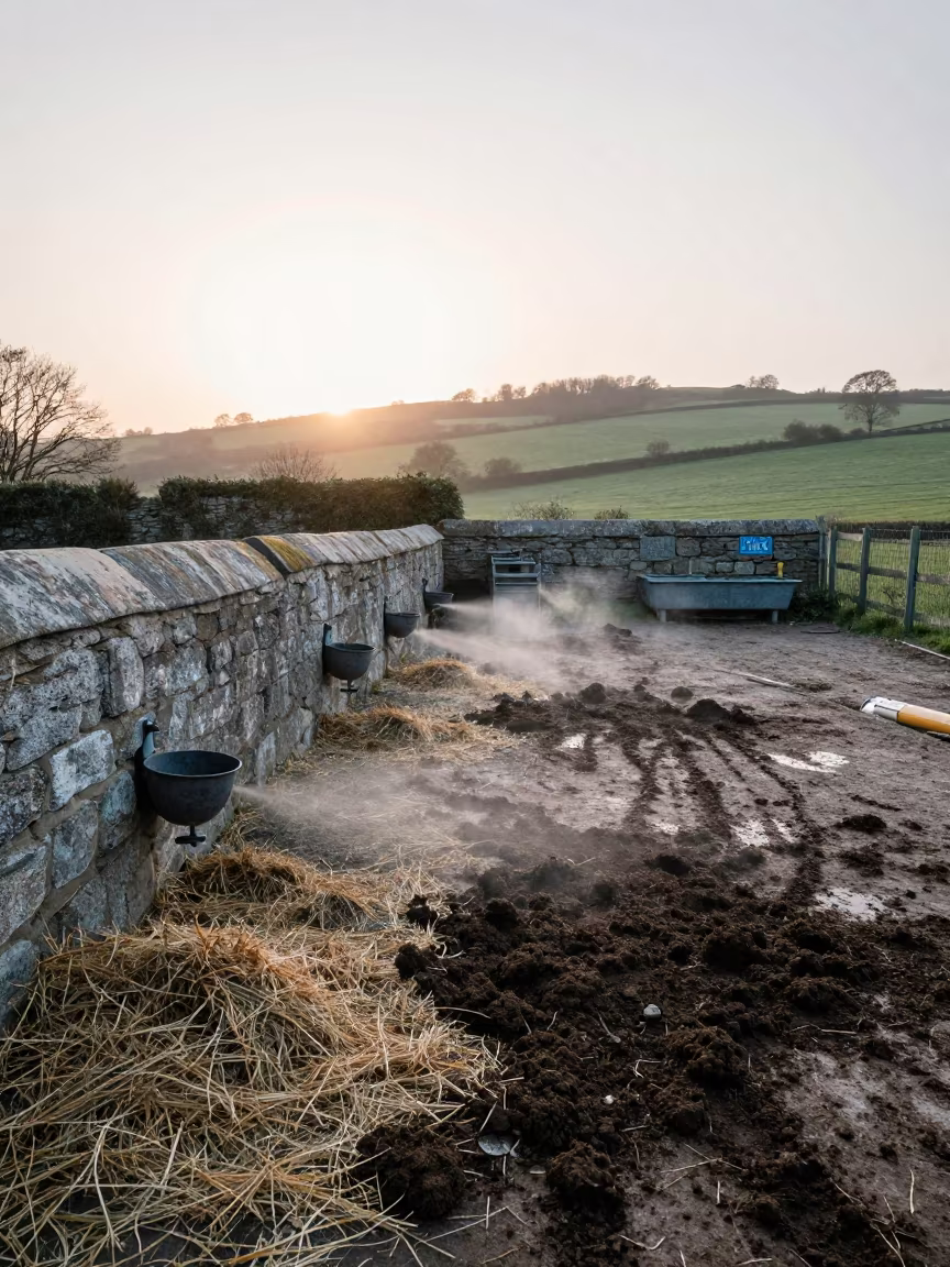 Dawn Hog Yard Cornish Shade Wall Misters in near a windbreak and water trough in Cornwall