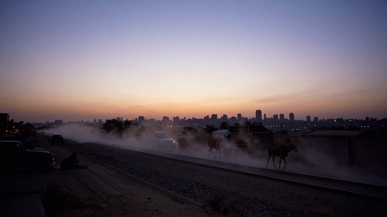 Dawn Horizon of Cairo Egypt with Dusty Rail and Chai Steam Before Sunrise in in Cairo, Egypt