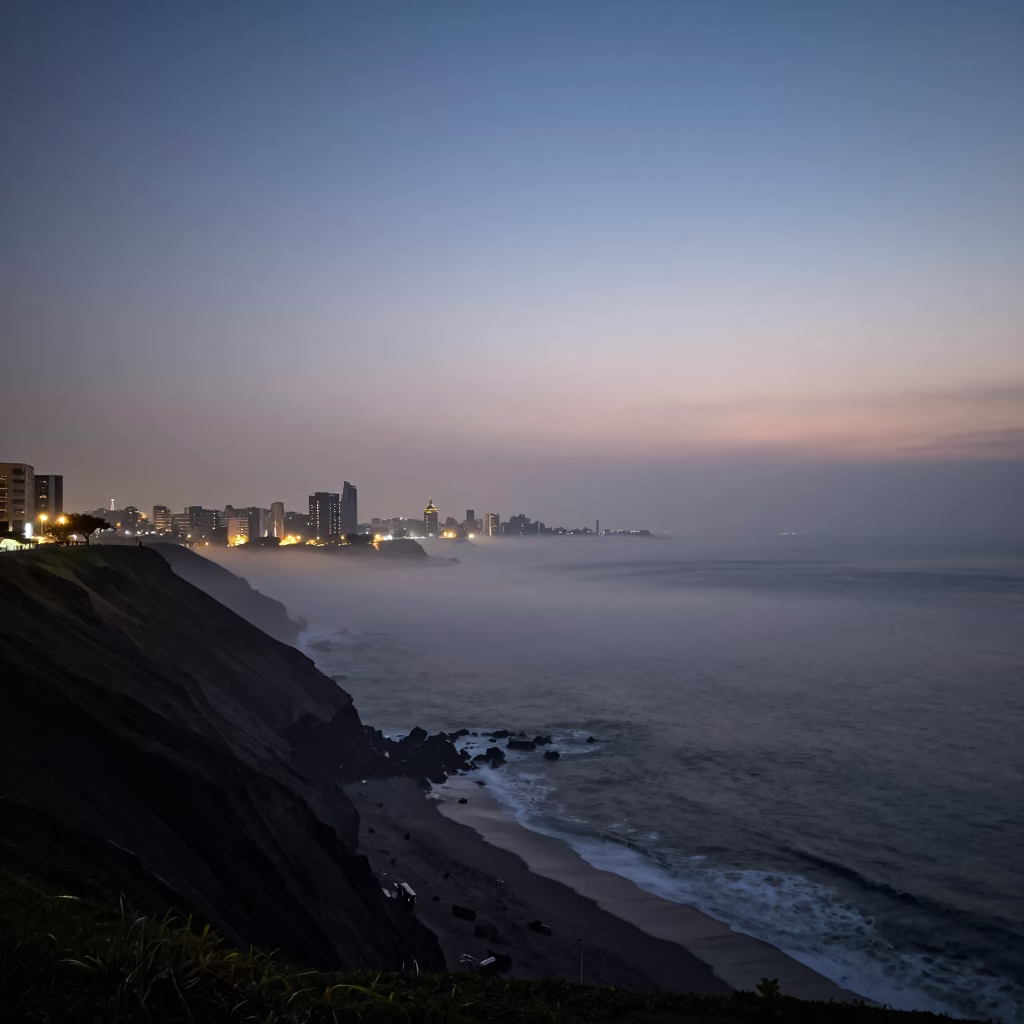 Dawn Horizon Over Lima Peru Coastal Fog and Urban Skyline Before Sunrise in in Lima, Peru