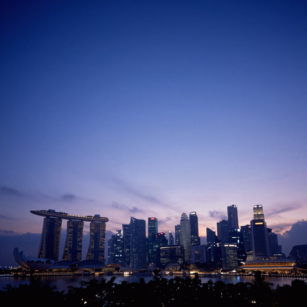Dawn Horizon Over Singapore Marina Bay With Distant Skyscrapers And Quiet Waterfront in in Singapore, Singapore